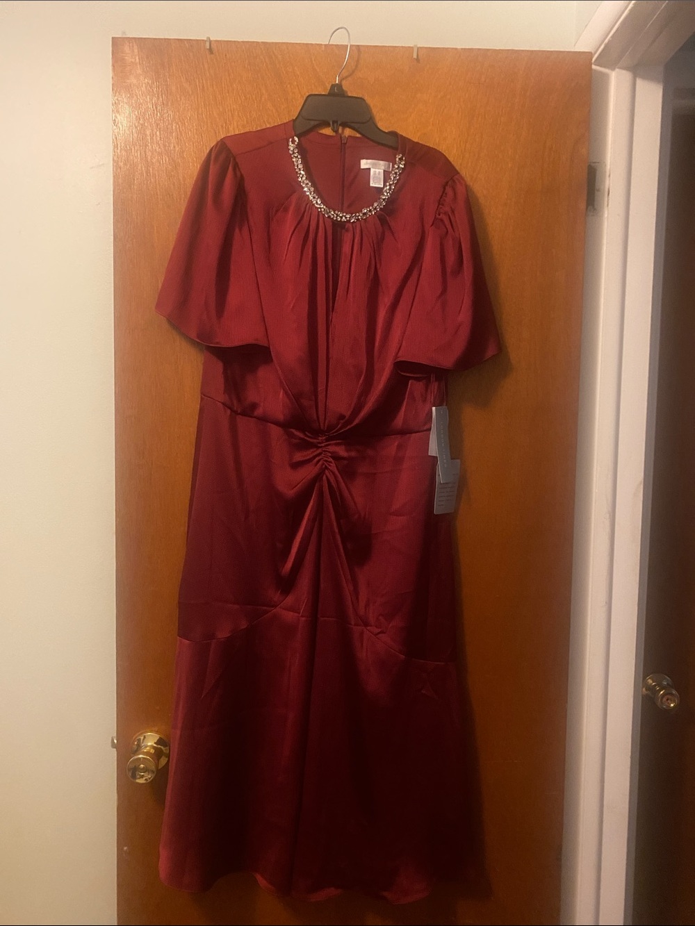 London Times Burgundy Satin Size 16 Midi Dress with Neck Jewels